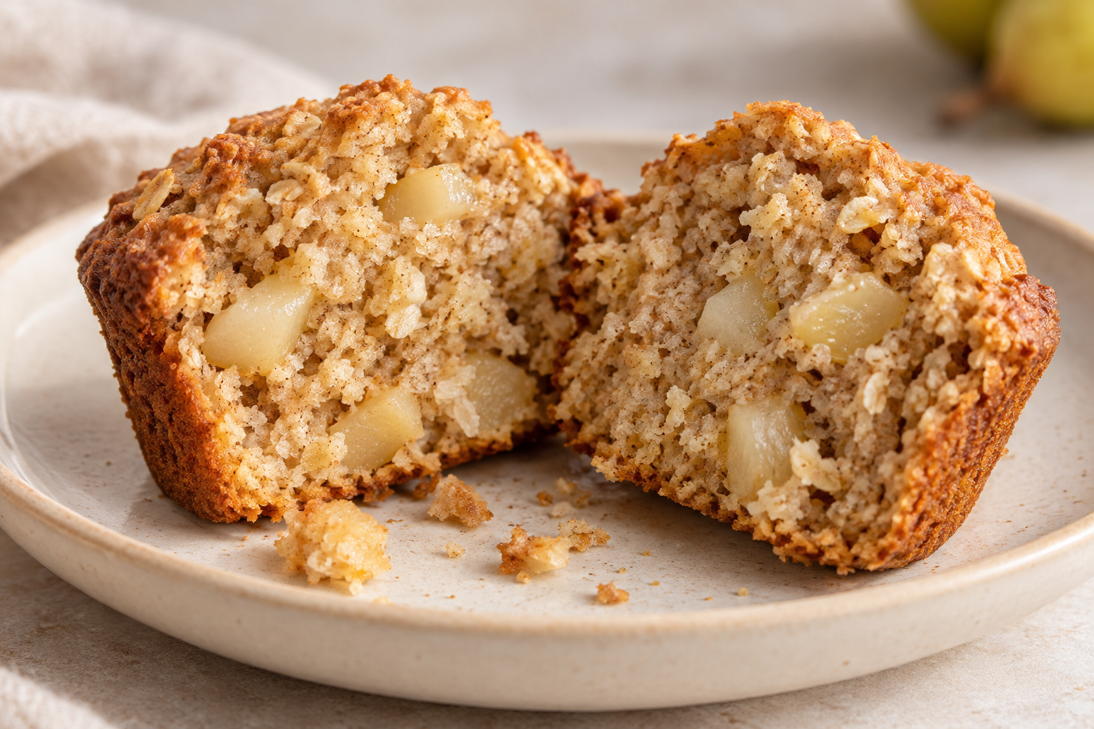 A split pear oat muffin showing pale fruit pieces surrounded by baked crumb