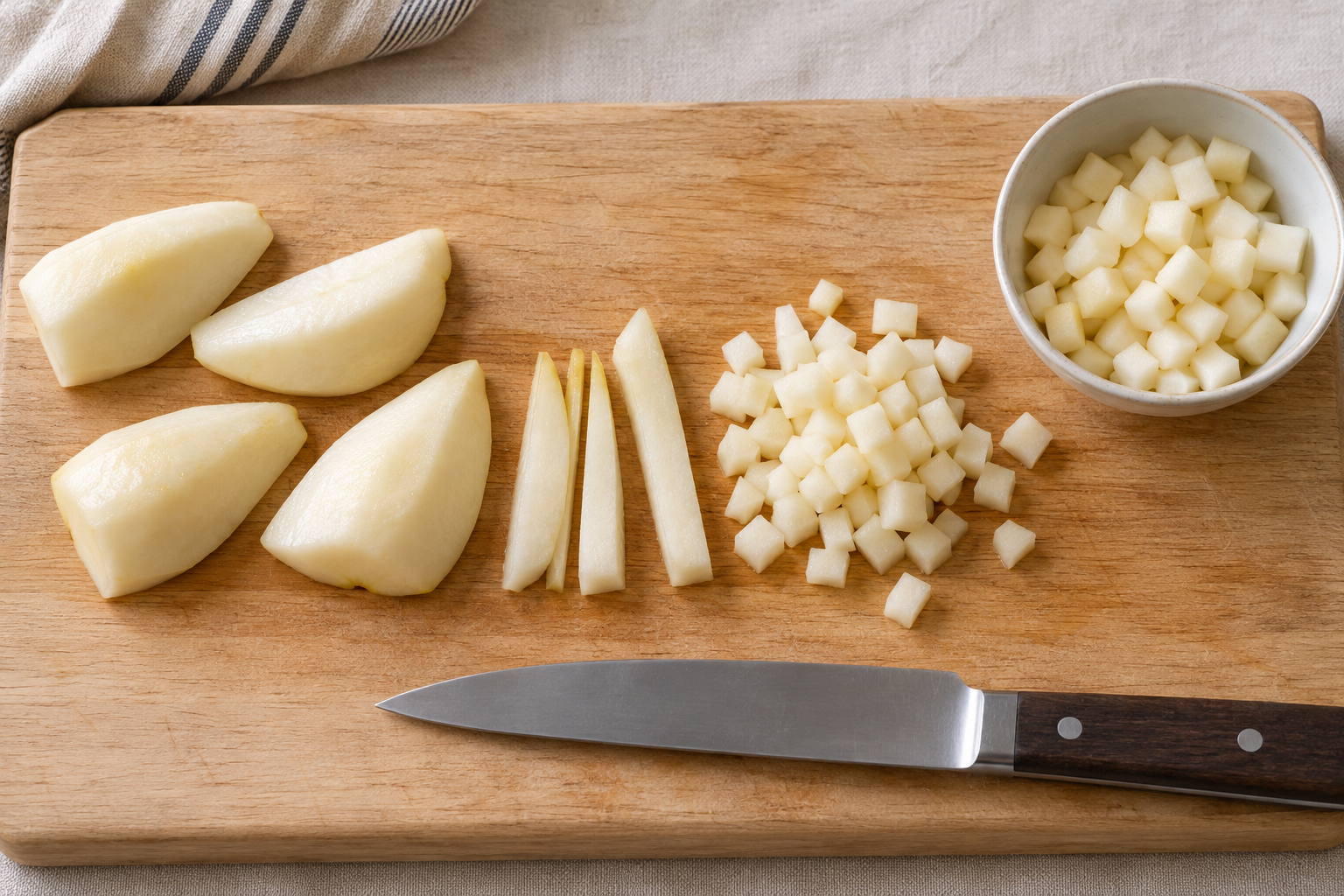 Peeled pear quarters, strips and small dice arranged on a cutting board