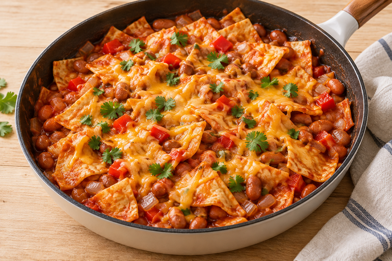 Pinto bean enchilada skillet with small tortilla pieces, red pepper and melted cheddar