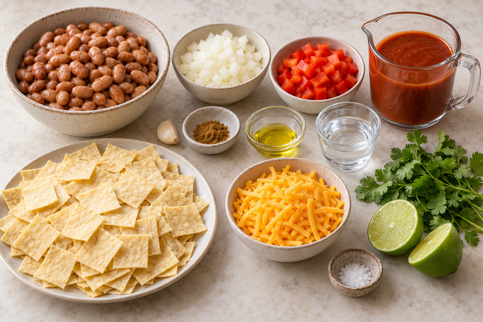 Pinto beans, tortilla squares, onion, red pepper, garlic, cumin, sauce, cheddar and lime