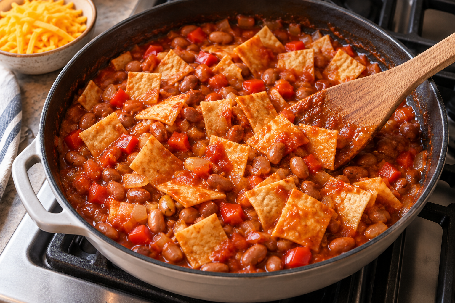 Small tortilla pieces folded into saucy pinto beans before adding cheese