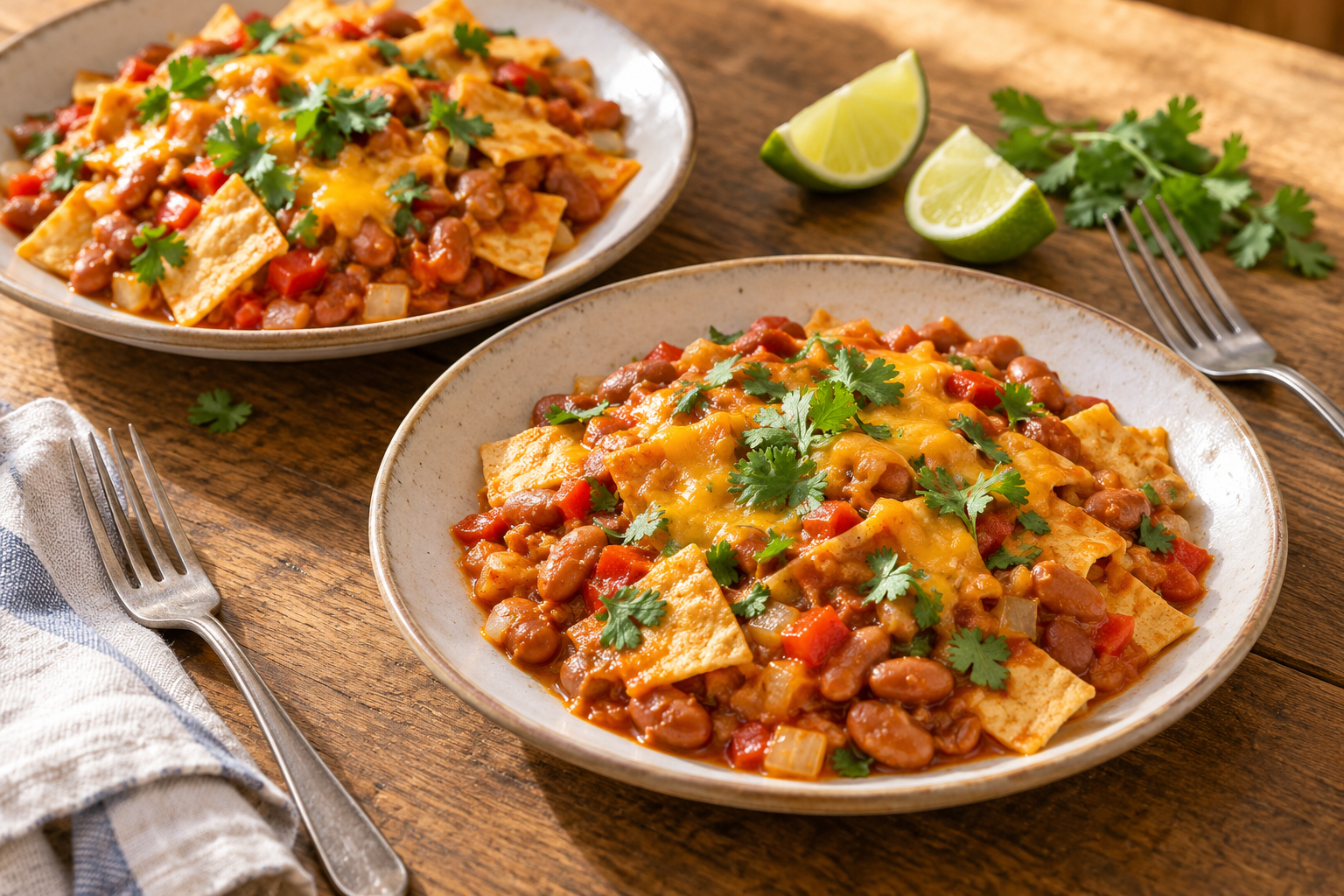 Two plates of pinto bean enchilada skillet with melted cheese and cilantro