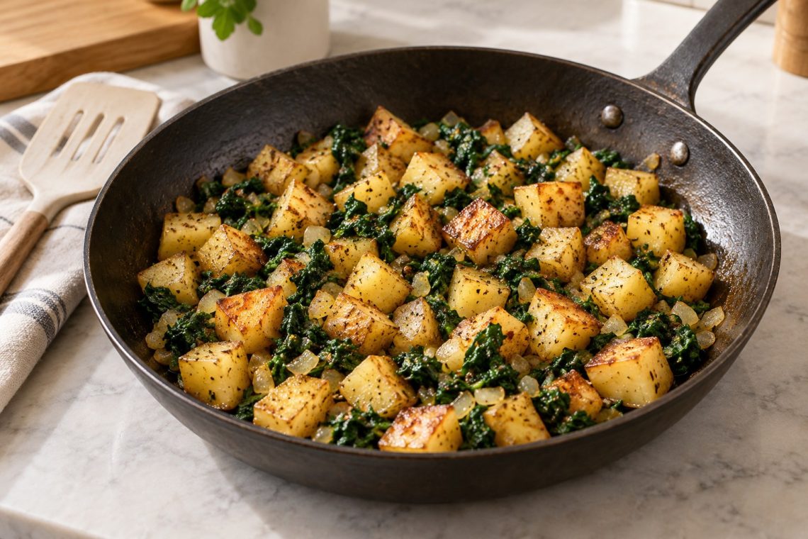 Potato and spinach breakfast hash without eggs, with golden potato cubes and finely chopped spinach in a skillet.