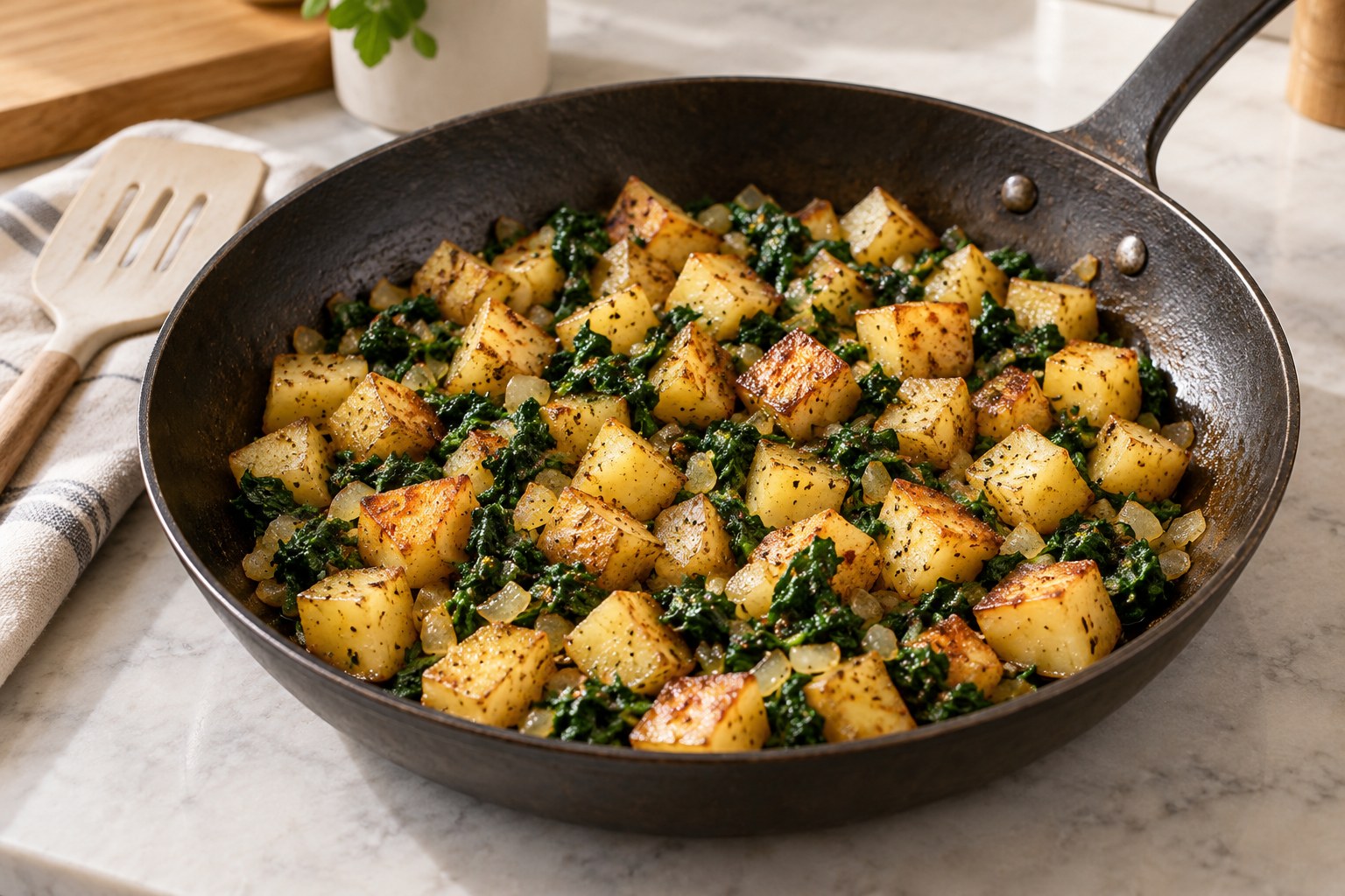 Potato and spinach breakfast hash without eggs, with golden potato cubes and finely chopped spinach in a skillet.