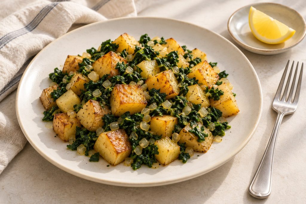 Potato spinach breakfast hash without eggs served on a plate, with golden potato cubes, chopped spinach and softened onion.