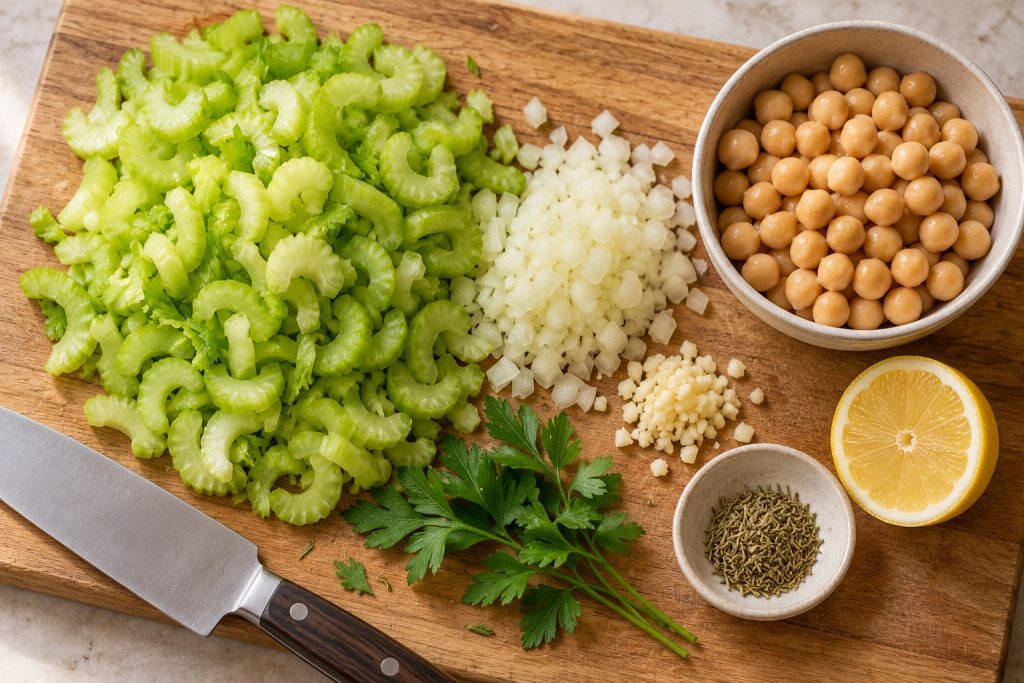 Thinly sliced celery, diced onion, garlic, drained chickpeas and lemon prepared for chickpea soup.