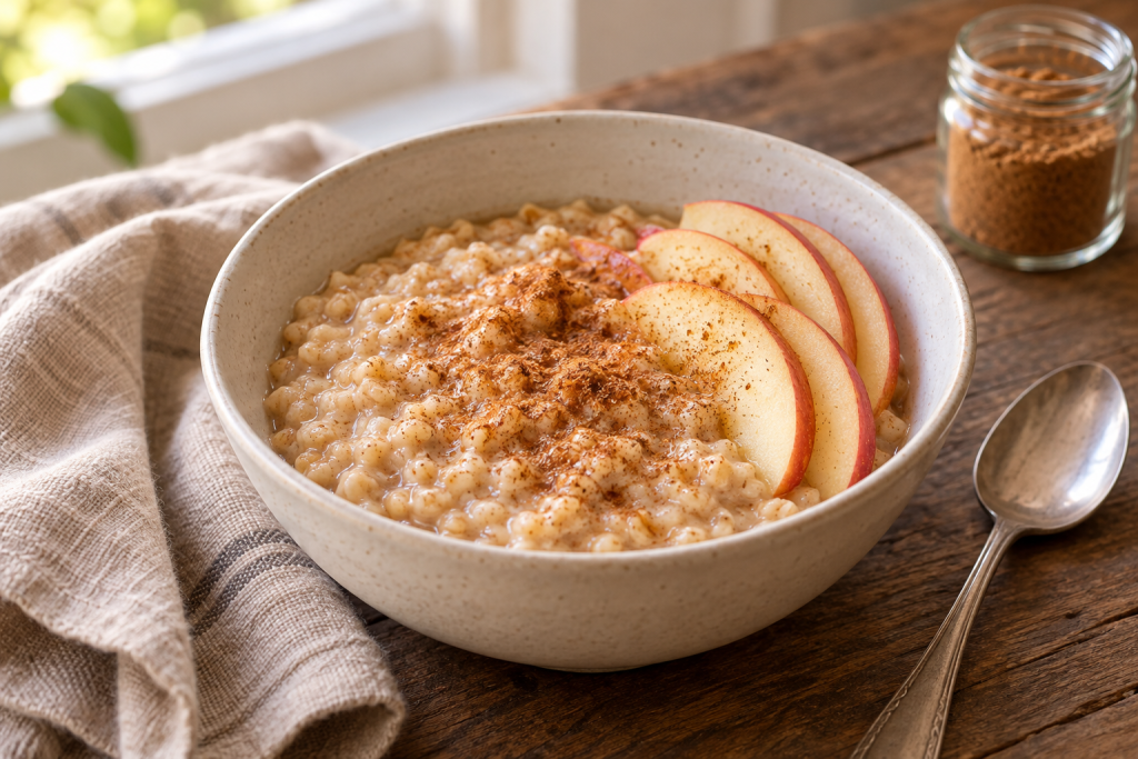 Bowl of oatmeal lightly dusted with pumpkin spice and topped with apple slices.