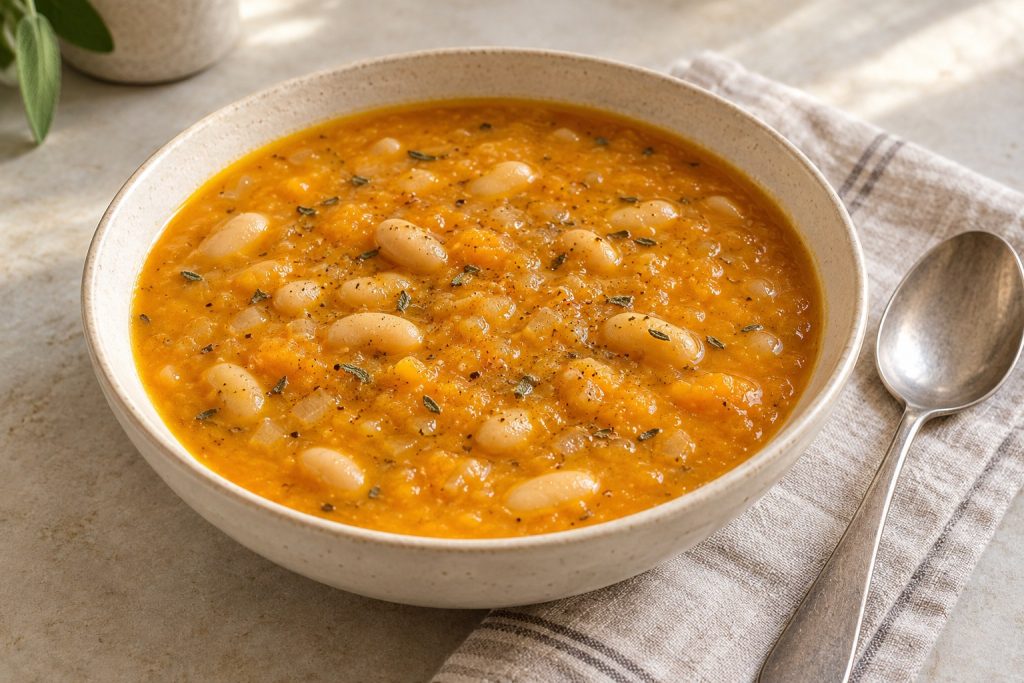 Pumpkin white bean soup with whole white beans and fine sage flecks in an orange pumpkin broth.