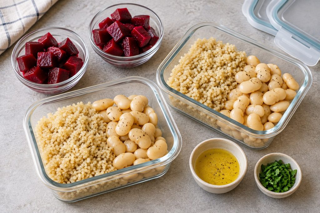 Quinoa and butter beans in two lunch containers with diced beets and lemon dressing packed separately.