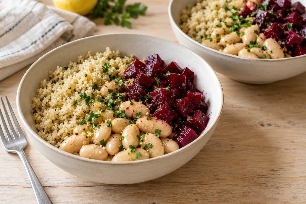 Two bowls of white quinoa, large butter beans, and diced cooked beets with parsley and lemon dressing.