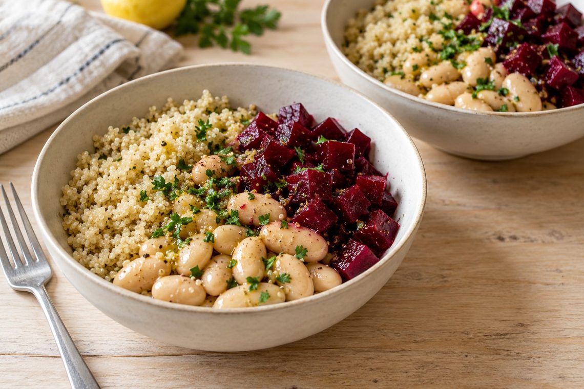 Two bowls of white quinoa, large butter beans, and diced cooked beets with parsley and lemon dressing.