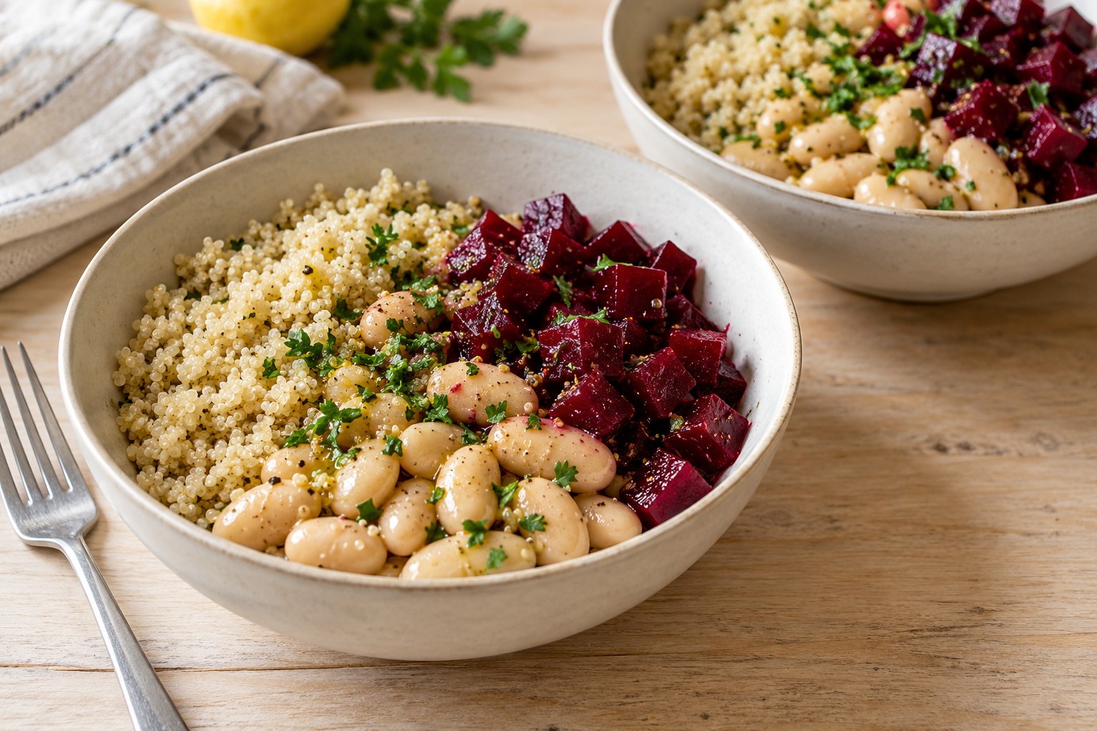Two bowls of white quinoa, large butter beans, and diced cooked beets with parsley and lemon dressing.