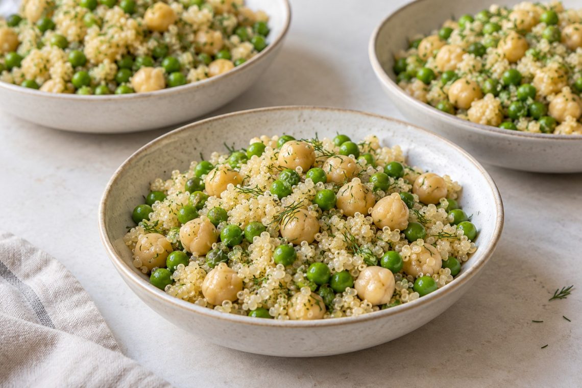 Three lunch bowls of fluffy white quinoa, green peas, whole chickpeas, and chopped dill.