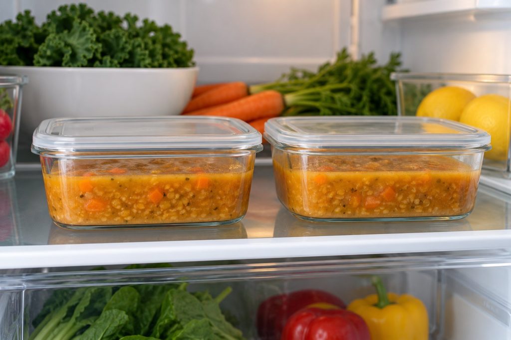 Two shallow glass containers hold orange red lentil and carrot soup with space below their clear lids on a refrigerator shelf.