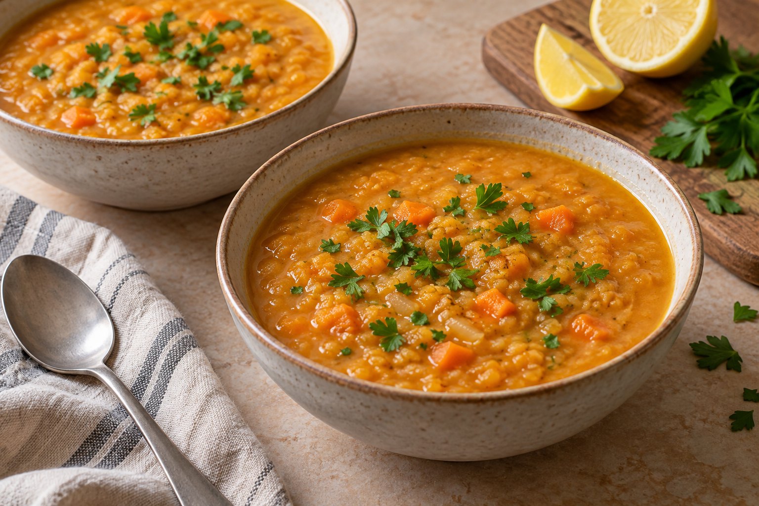 Two bowls of thick golden-orange lentil soup with soft carrot pieces and chopped parsley.