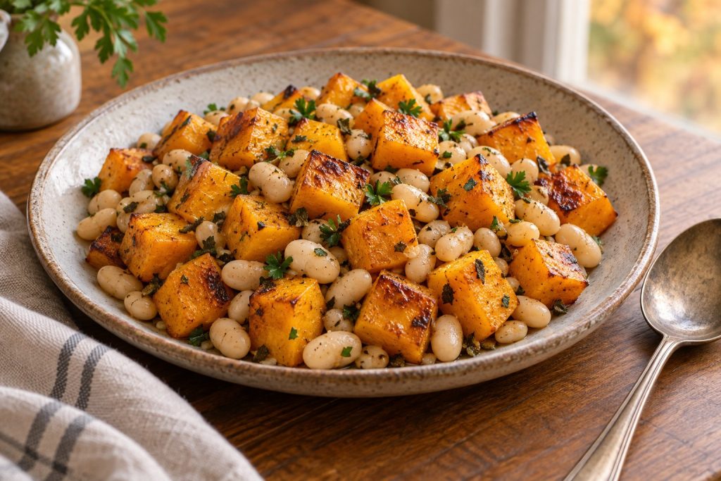 Golden butternut squash cubes and creamy white beans with sage on a serving platter.