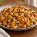 Golden butternut squash cubes and creamy white beans with sage on a serving platter.