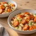 Two bowls of fluffy couscous, whole white beans, and roasted carrot coins with chopped parsley.