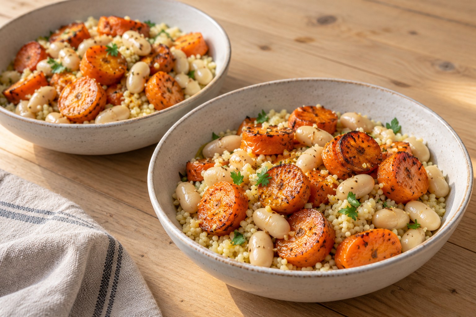Two bowls of fluffy couscous, whole white beans, and roasted carrot coins with chopped parsley.