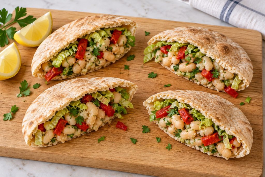Pita halves filled with white beans, chopped roasted red peppers, parsley and crisp romaine.