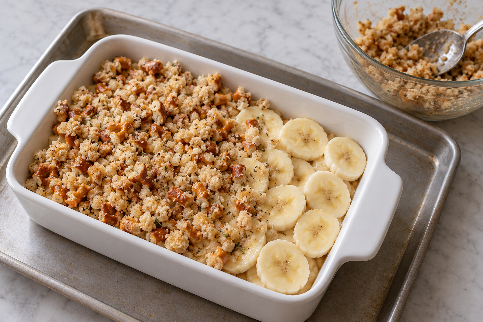 Rosemary banana pretzel crumble for two being assembled with loose crumbs over banana rounds