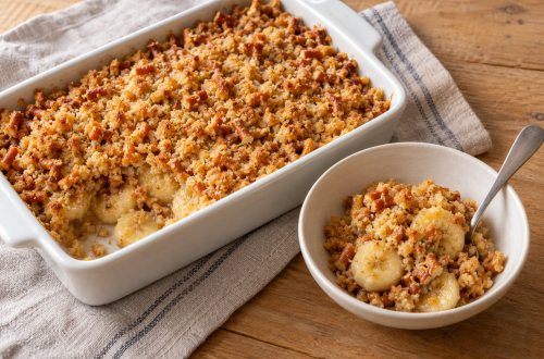 Rosemary banana pretzel crumble for two with a golden topping in a small dish and serving bowl