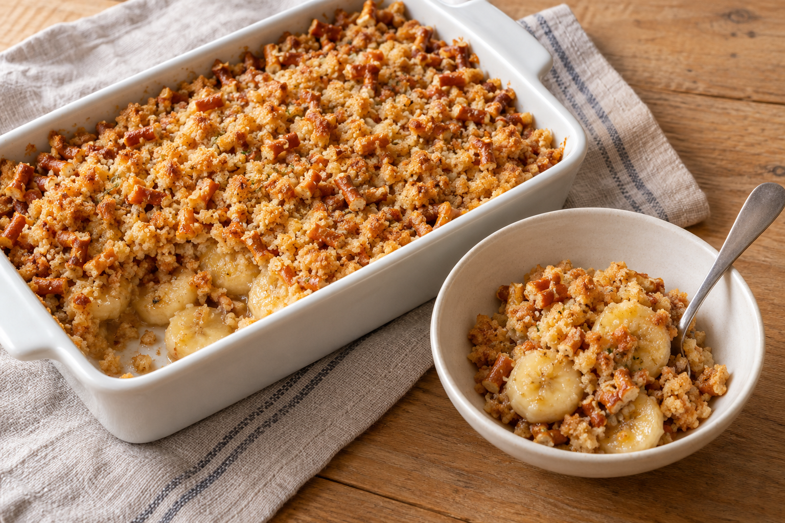 Rosemary banana pretzel crumble for two with a golden topping in a small dish and serving bowl