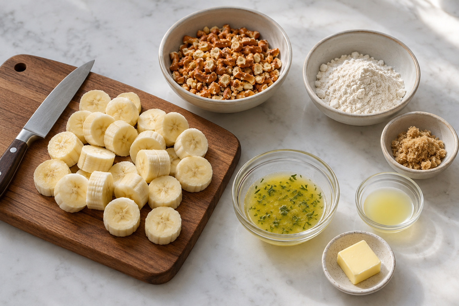 Sliced bananas, crushed pretzels and rosemary butter for rosemary banana pretzel crumble for two