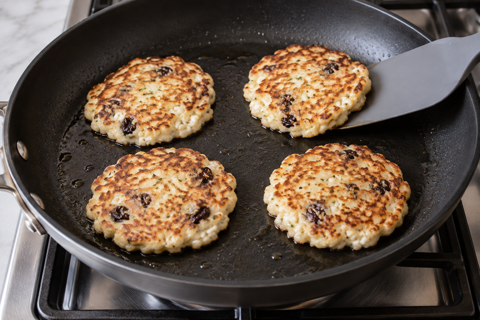 Four rosemary raisin cottage cheese pancakes turning golden in a lightly oiled skillet