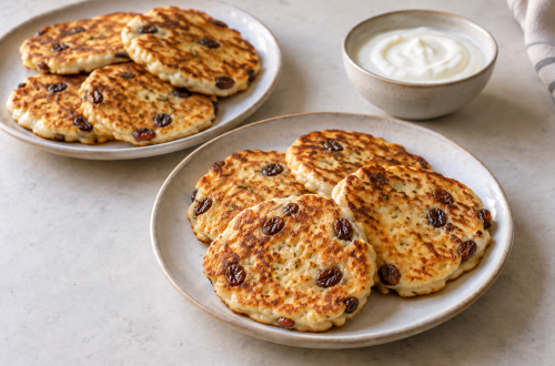 Rosemary raisin cottage cheese pancakes on two plates with plain yogurt alongside