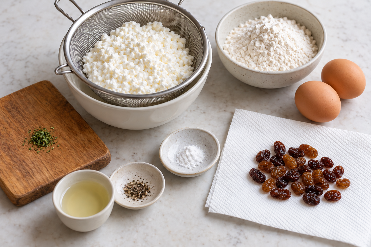 Cottage cheese, eggs, flour, raisins and rosemary prepared for rosemary raisin cottage cheese pancakes