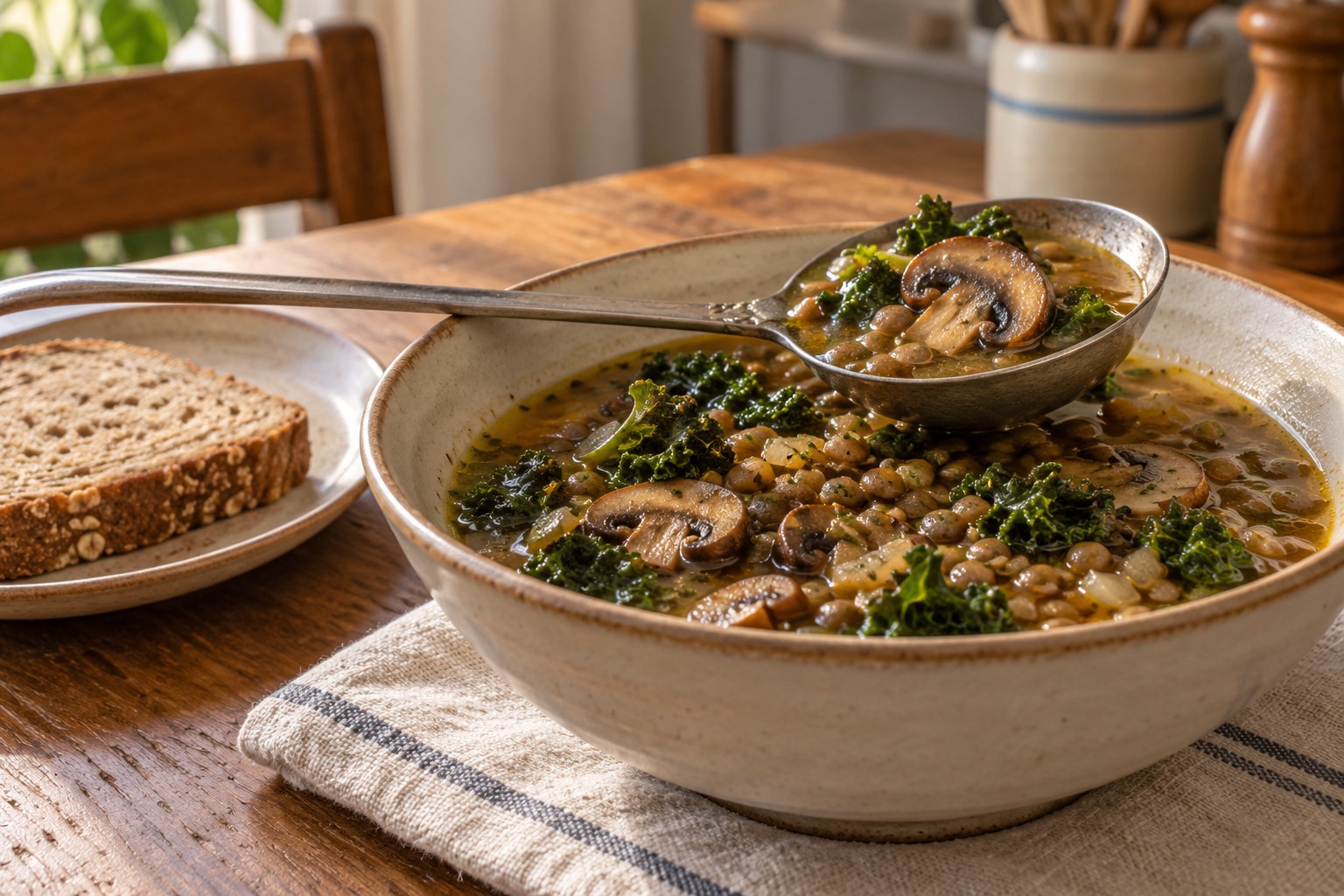 A ladle of lentil, mushroom and kale soup above a serving bowl