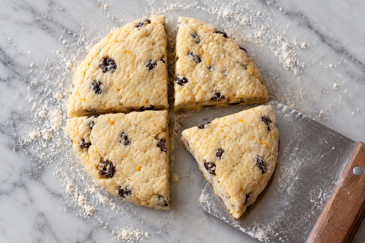 Four evenly cut raisin scone wedges ready to move to the sheet