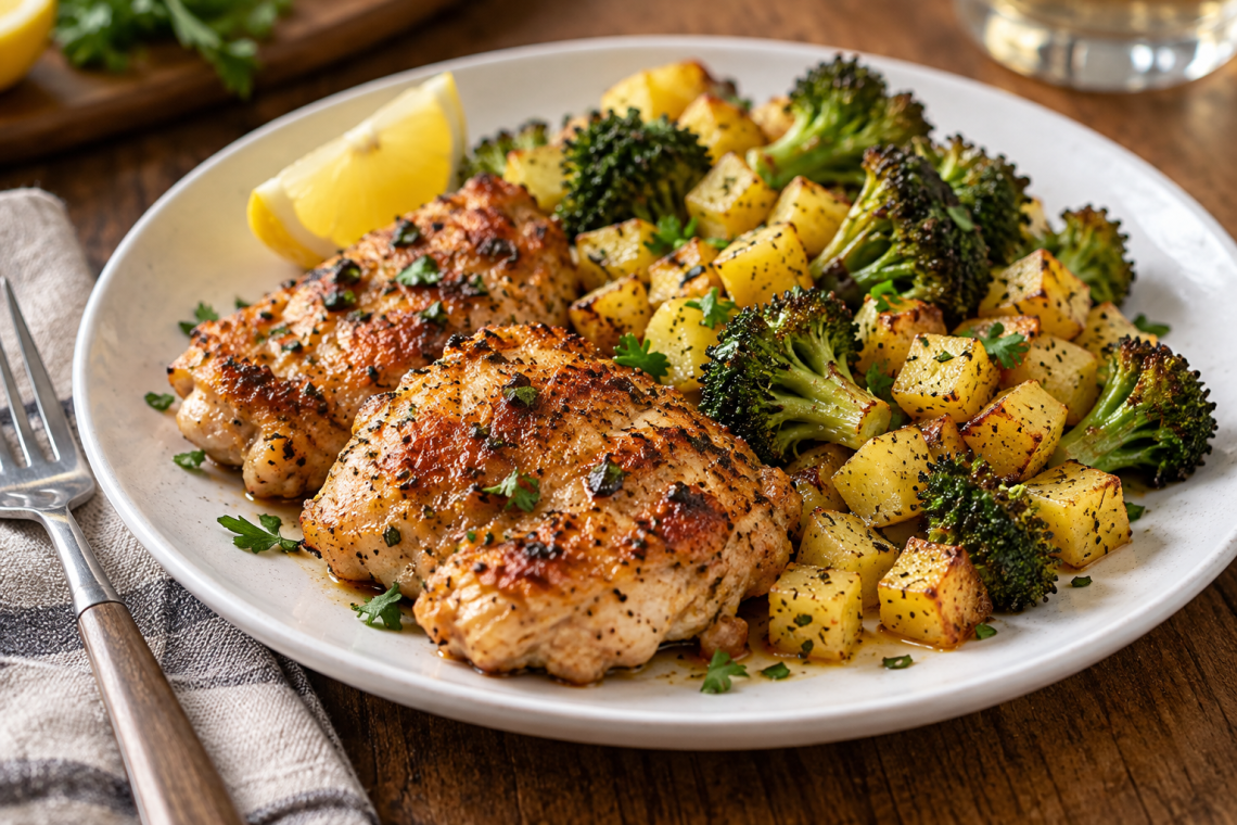 Sheet pan chicken thighs with frozen broccoli and potatoes served with lemon on a platter