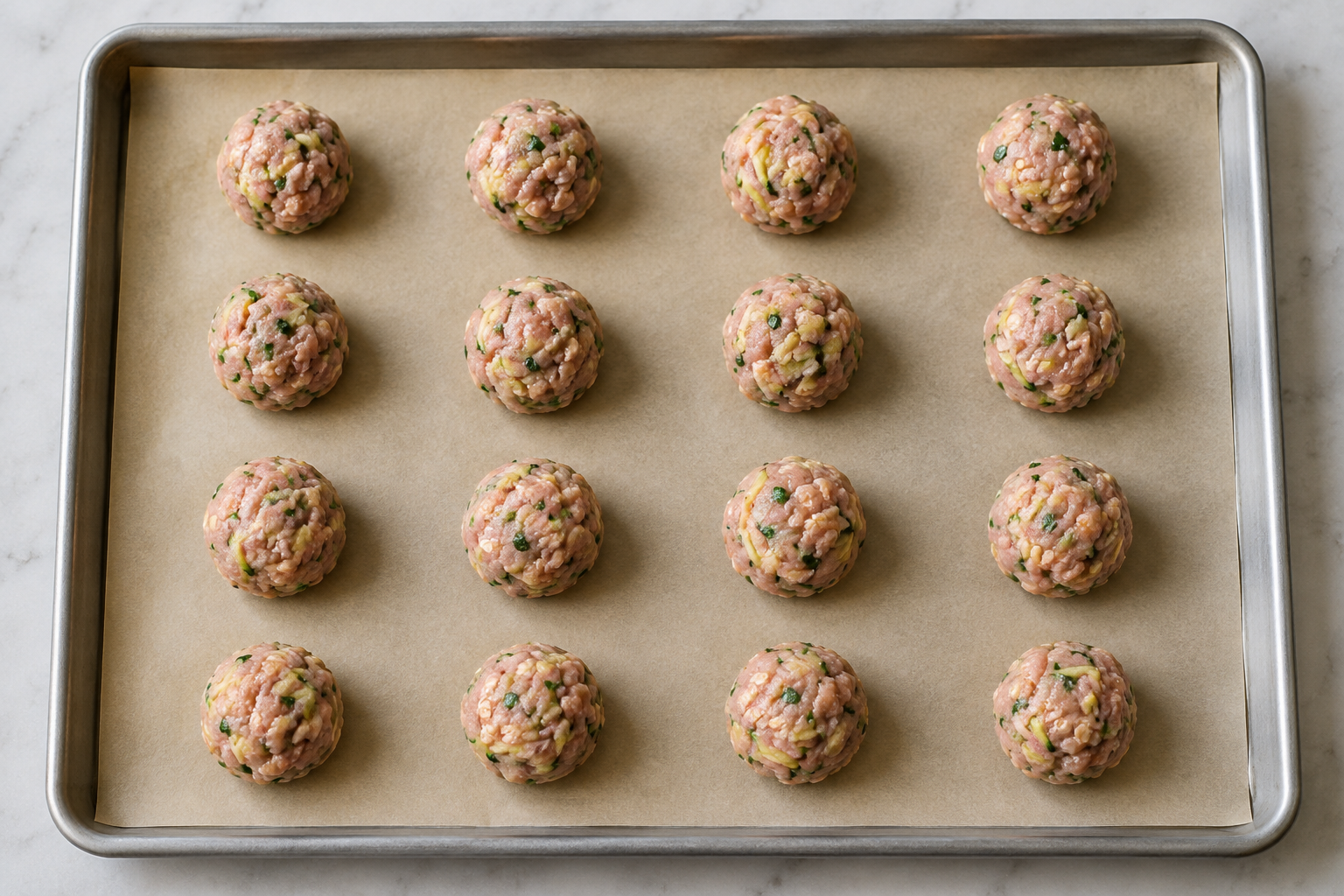 Sixteen shaped baked turkey zucchini meatballs without eggs ready for the oven