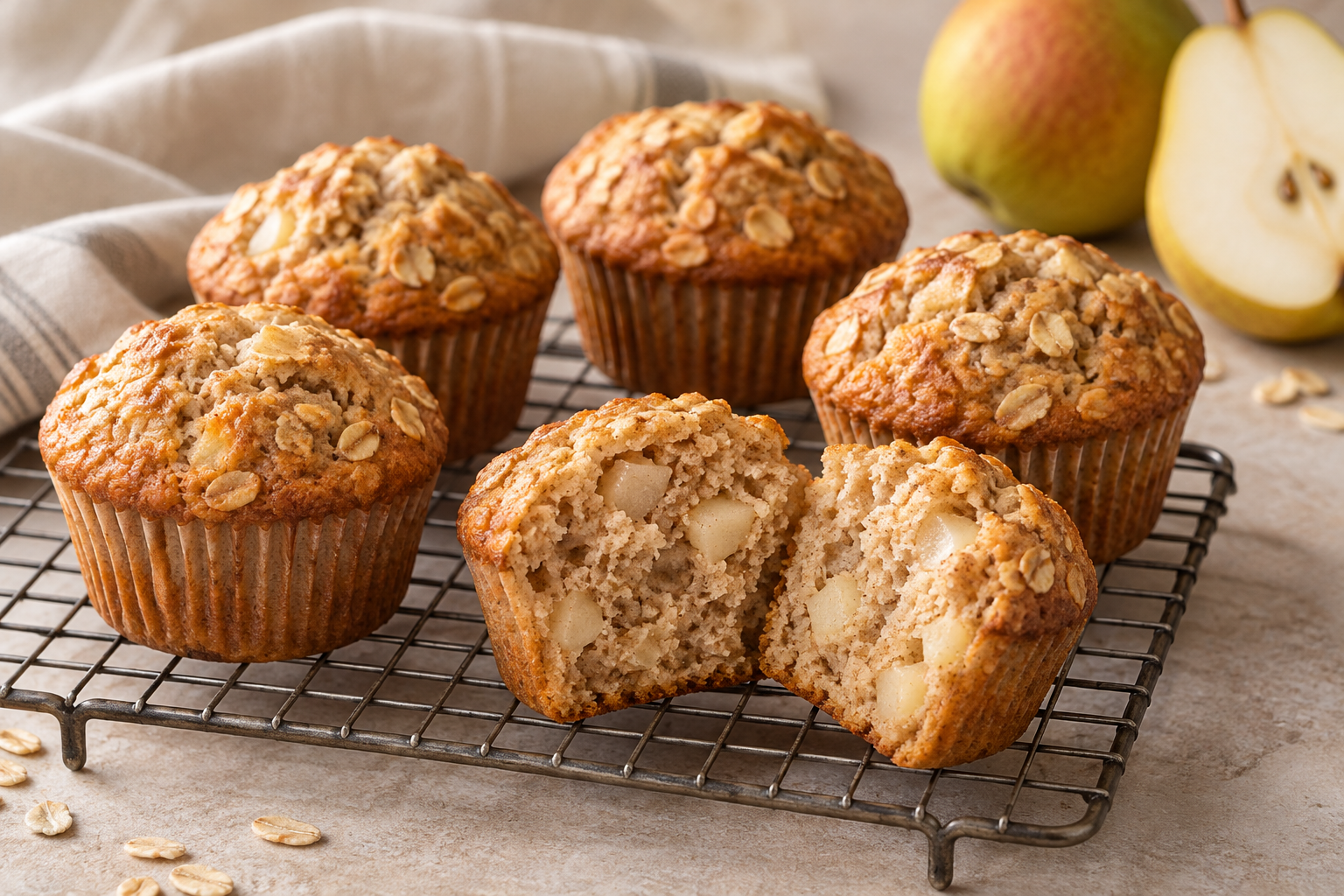 Small batch pear oat muffins without yogurt on a cooling rack, with one split to show the pear-studded crumb
