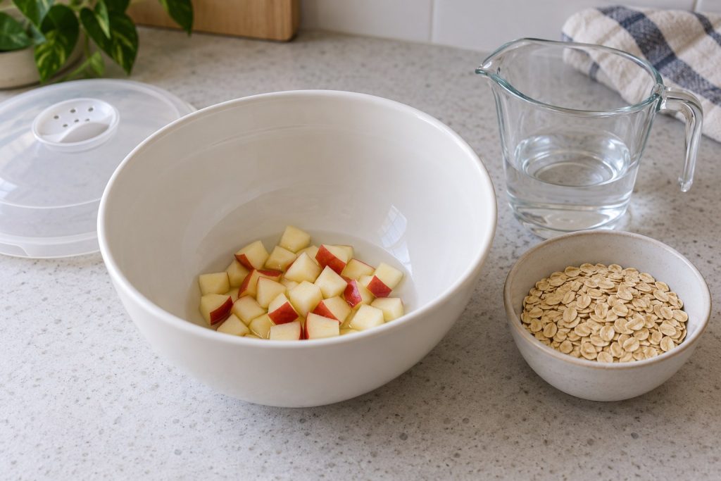 Small apple cubes in a roomy microwave-safe bowl beside measured rolled oats and water.