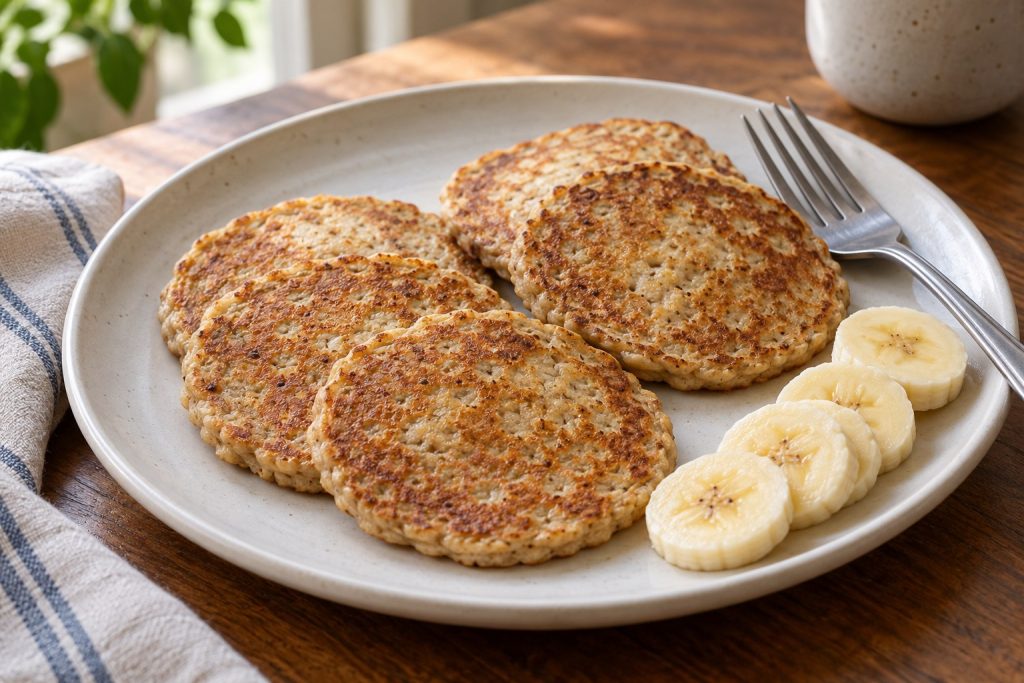 Small golden banana oat pancakes arranged on a plate with a few banana slices.