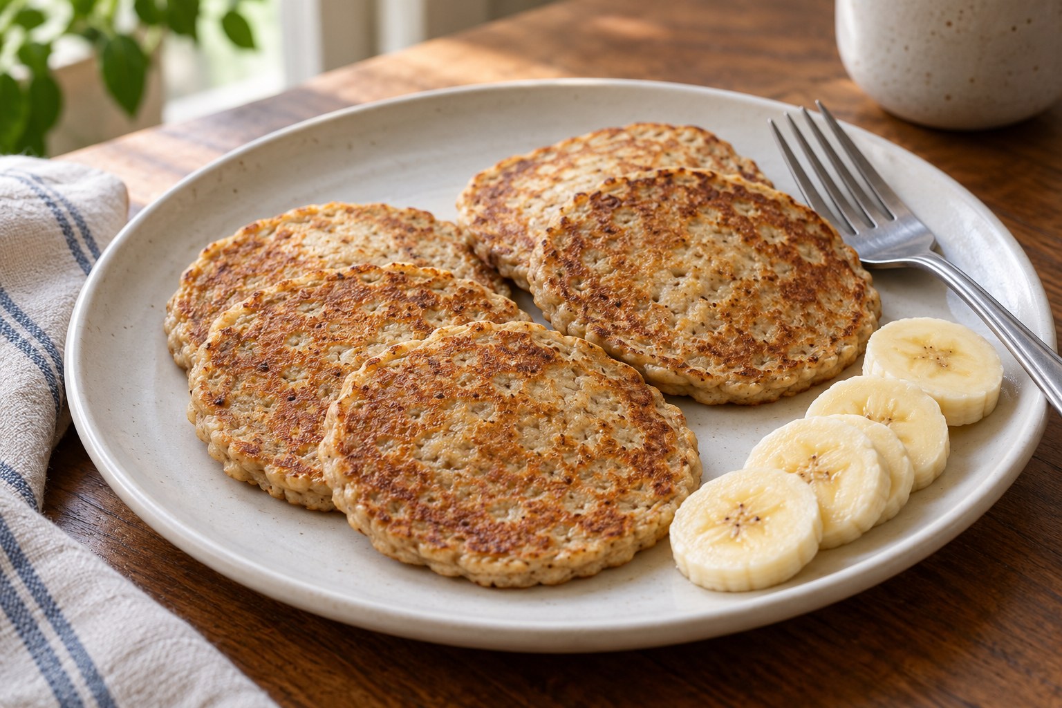 Small golden banana oat pancakes arranged on a plate with a few banana slices.