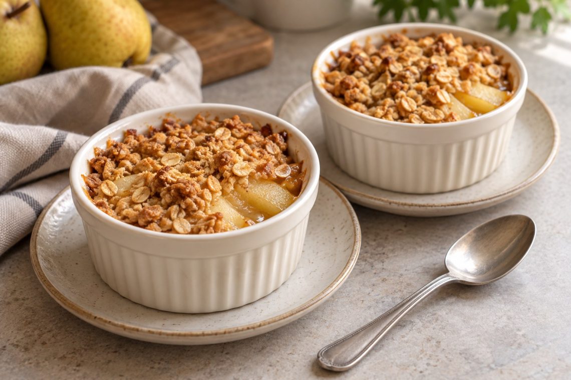 Two individual pear crisps in ivory ramekins with golden rolled-oat crumbs and tender pear slices visible near the edges.