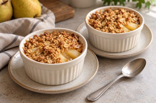 Two individual pear crisps in ivory ramekins with golden rolled-oat crumbs and tender pear slices visible near the edges.