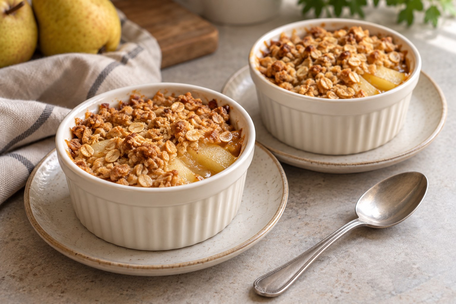 Two individual pear crisps in ivory ramekins with golden rolled-oat crumbs and tender pear slices visible near the edges.