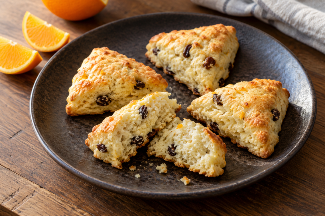Four small orange raisin scones with one gently split open