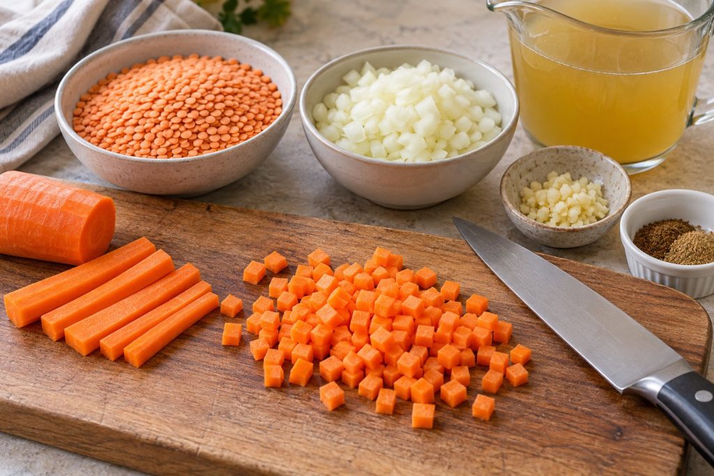 Quarter-inch carrot dice beside dry split red lentils, diced onion, and minced garlic.