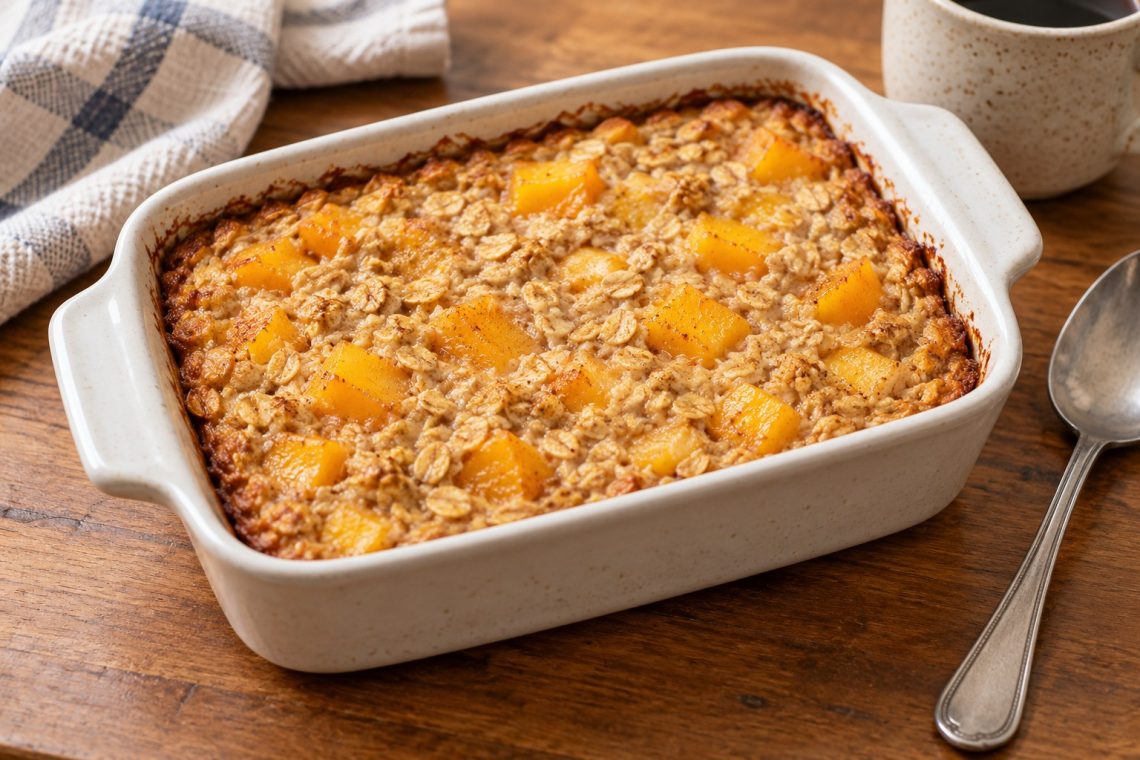 A small rectangular dish of baked oatmeal with soft peach pieces, visible oat flakes, and lightly golden edges.