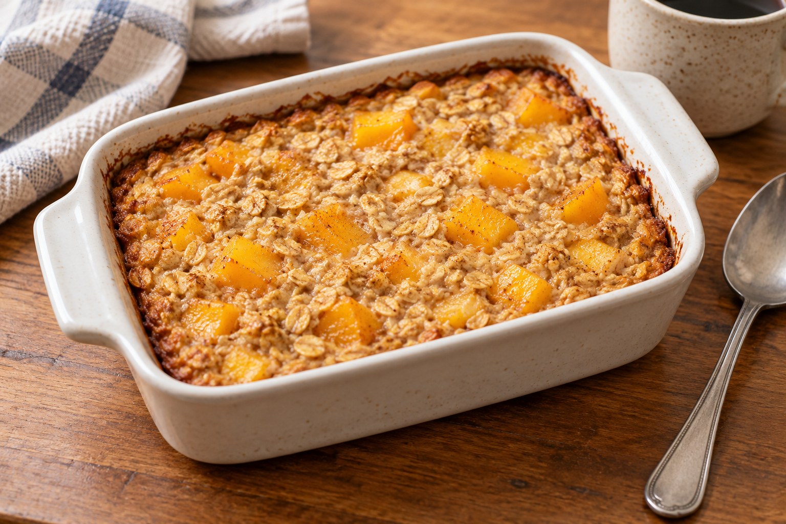 A small rectangular dish of baked oatmeal with soft peach pieces, visible oat flakes, and lightly golden edges.