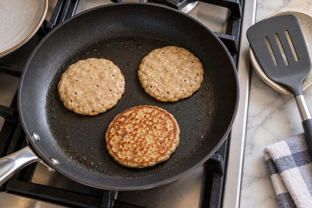 Three small oat pancakes spaced in a nonstick skillet, with set edges and one golden cooked surface.