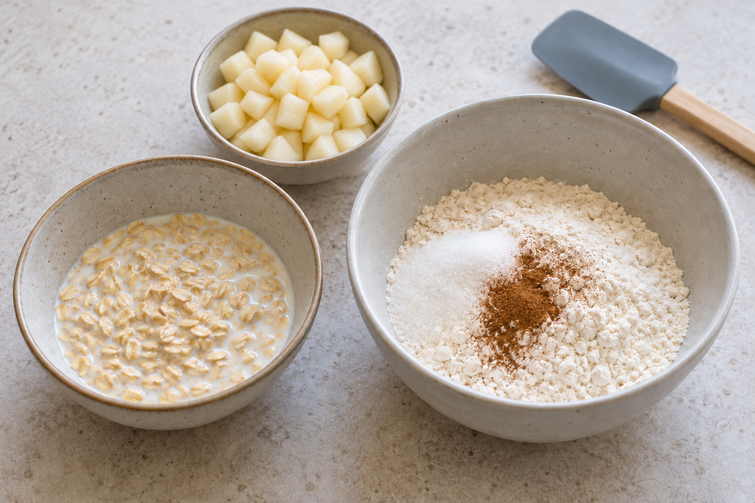 Rolled oats soaking in milk beside the separate dry mixture and peeled pear dice