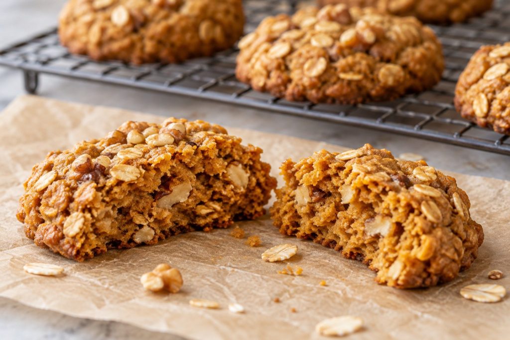 A pumpkin oat walnut cookie broken into two halves, showing a soft set center with oat flakes and small walnut pieces.
