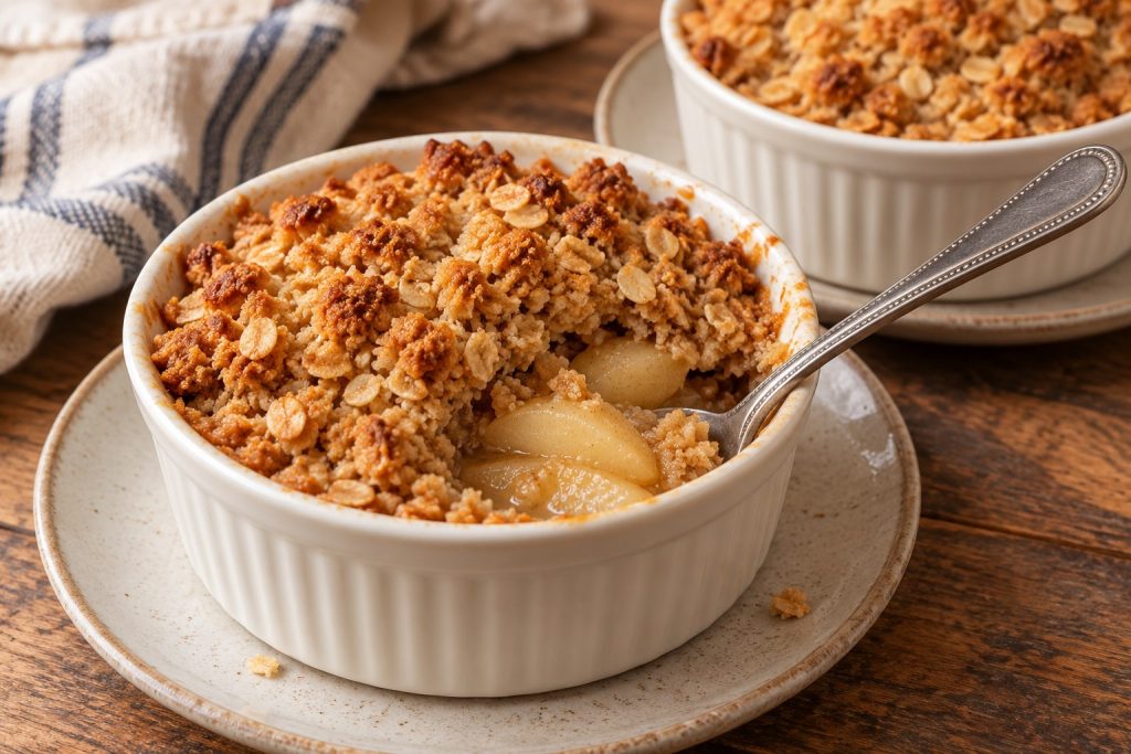 A spoon rests in a baked pear crisp, revealing soft pear slices and lightly thickened juice beneath golden oat crumbs.